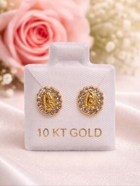 10K Solid Gold Virgen de Guadalupe CZ Stud Earrings Screw Back 8mm Womens